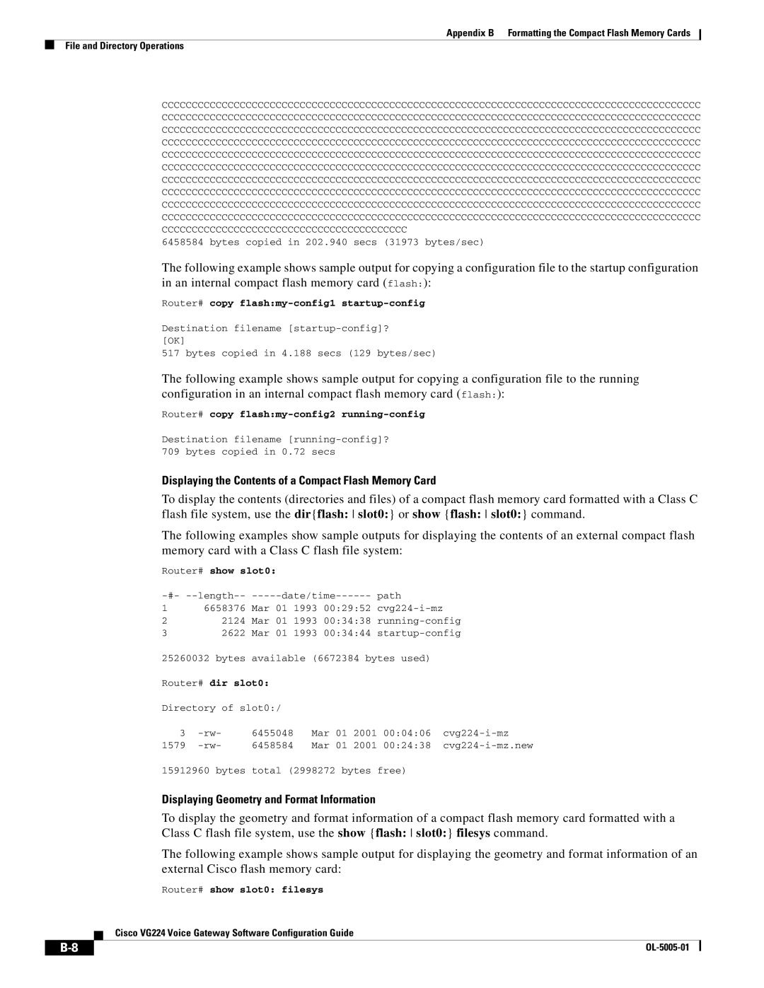 Cisco Systems VG224 manual Displaying Geometry and Format Information, Router# show slot0 filesys 