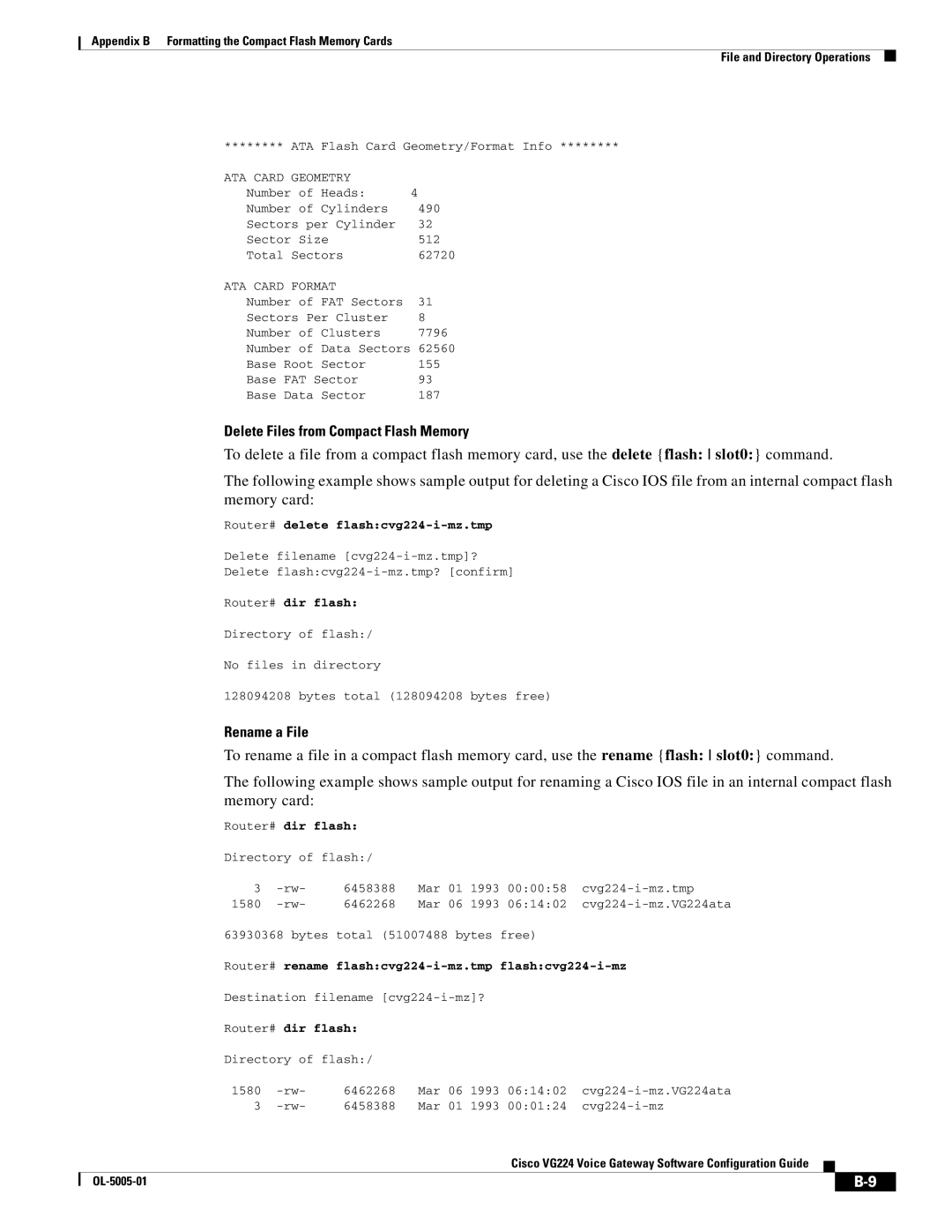 Cisco Systems VG224 manual Rename a File, Router# delete flashcvg224-i-mz.tmp 