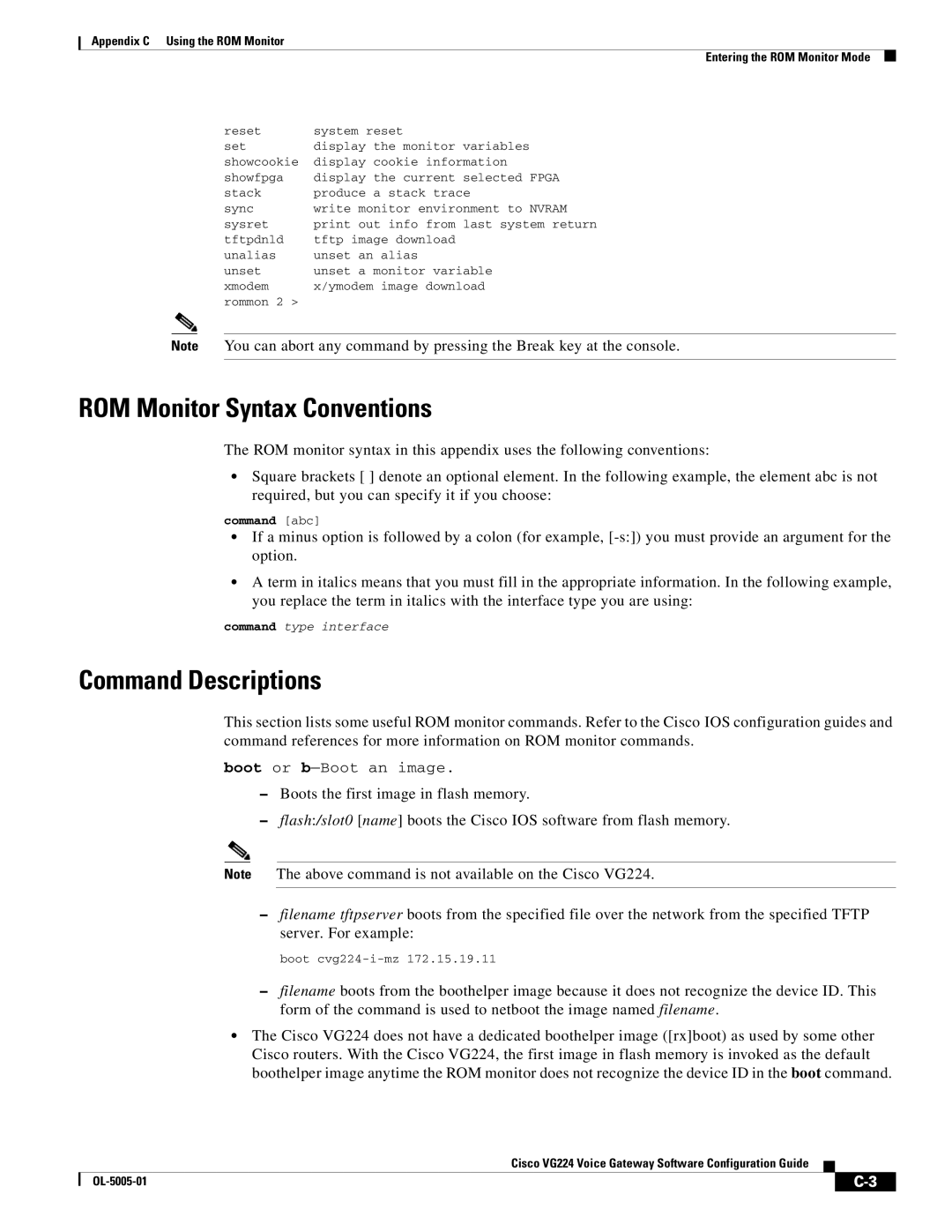 Cisco Systems VG224 manual ROM Monitor Syntax Conventions, Command Descriptions, Command abc 