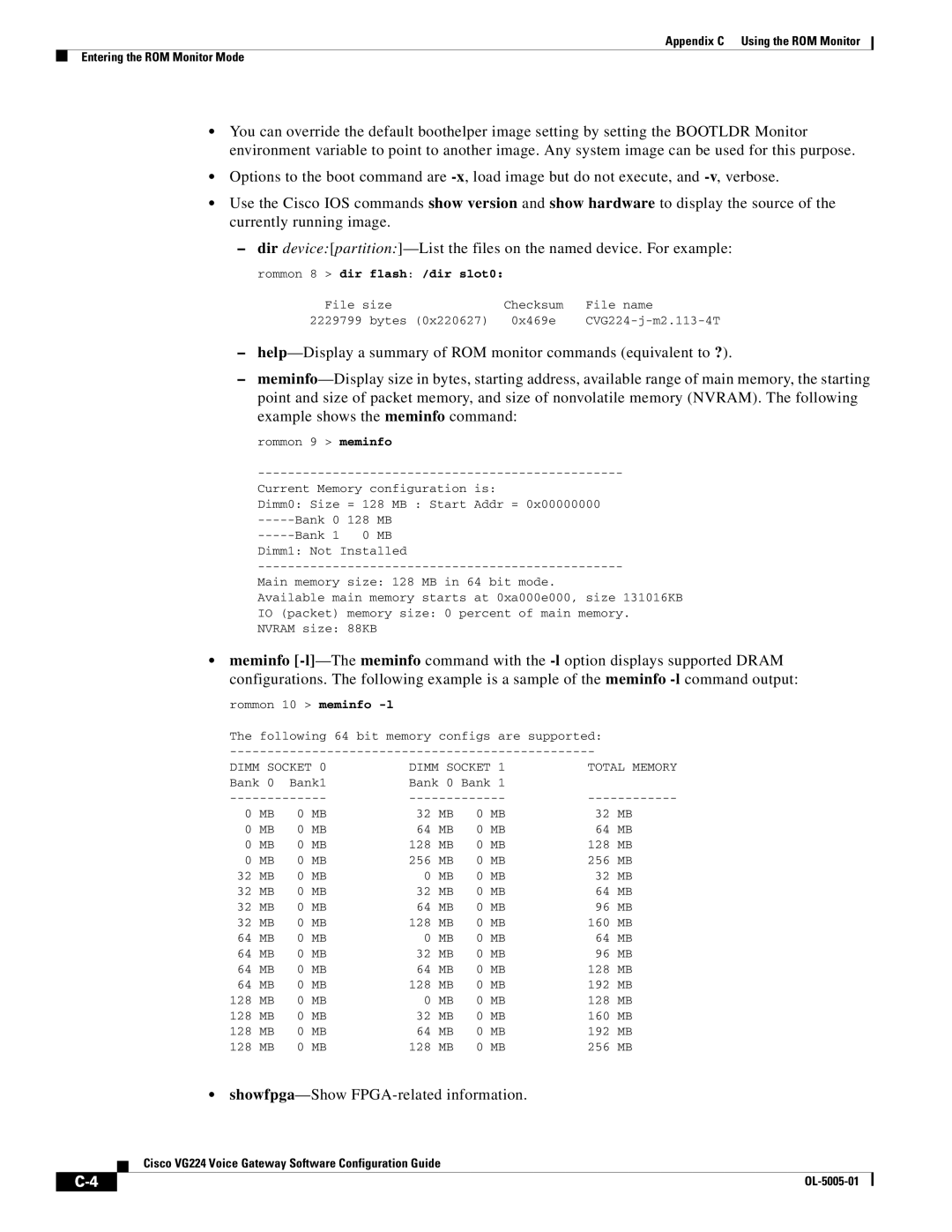 Cisco Systems VG224 manual Showfpga-Show FPGA-related information, Rommon 8 dir flash /dir slot0 