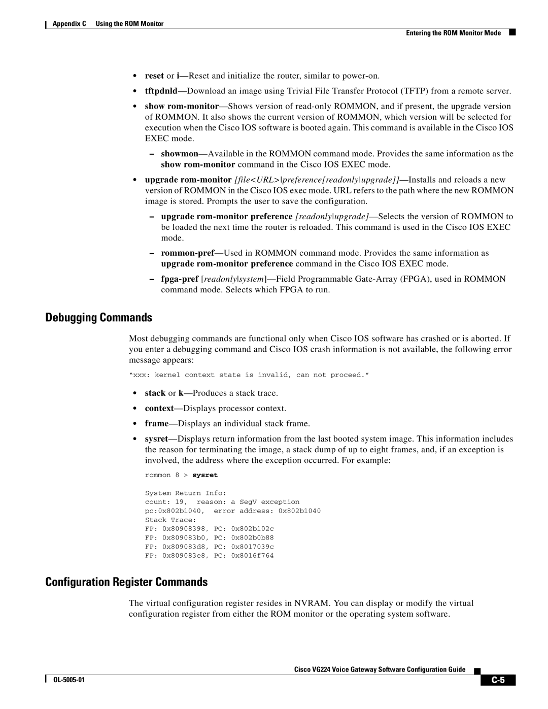 Cisco Systems VG224 manual Debugging Commands, Configuration Register Commands 