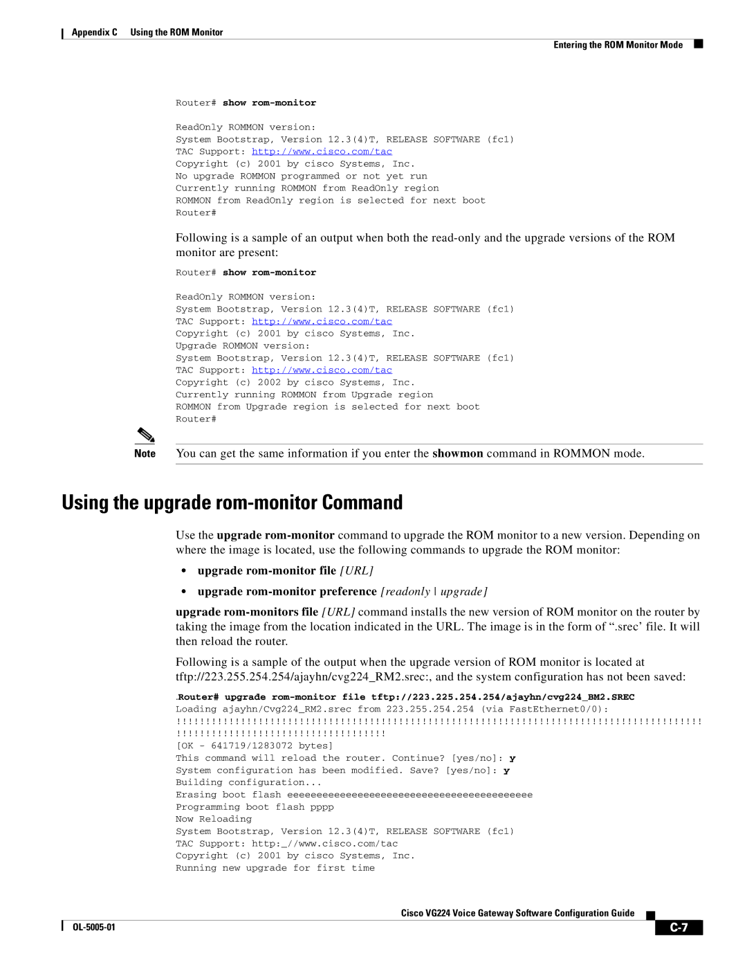 Cisco Systems VG224 manual Using the upgrade rom-monitor Command, Then reload the router, Router# show rom-monitor 