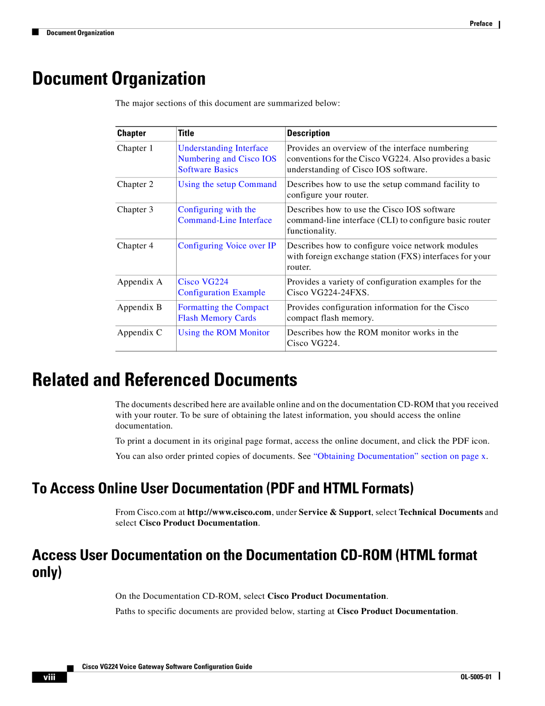 Cisco Systems VG224 manual Document Organization, Related and Referenced Documents, Chapter Title Description 