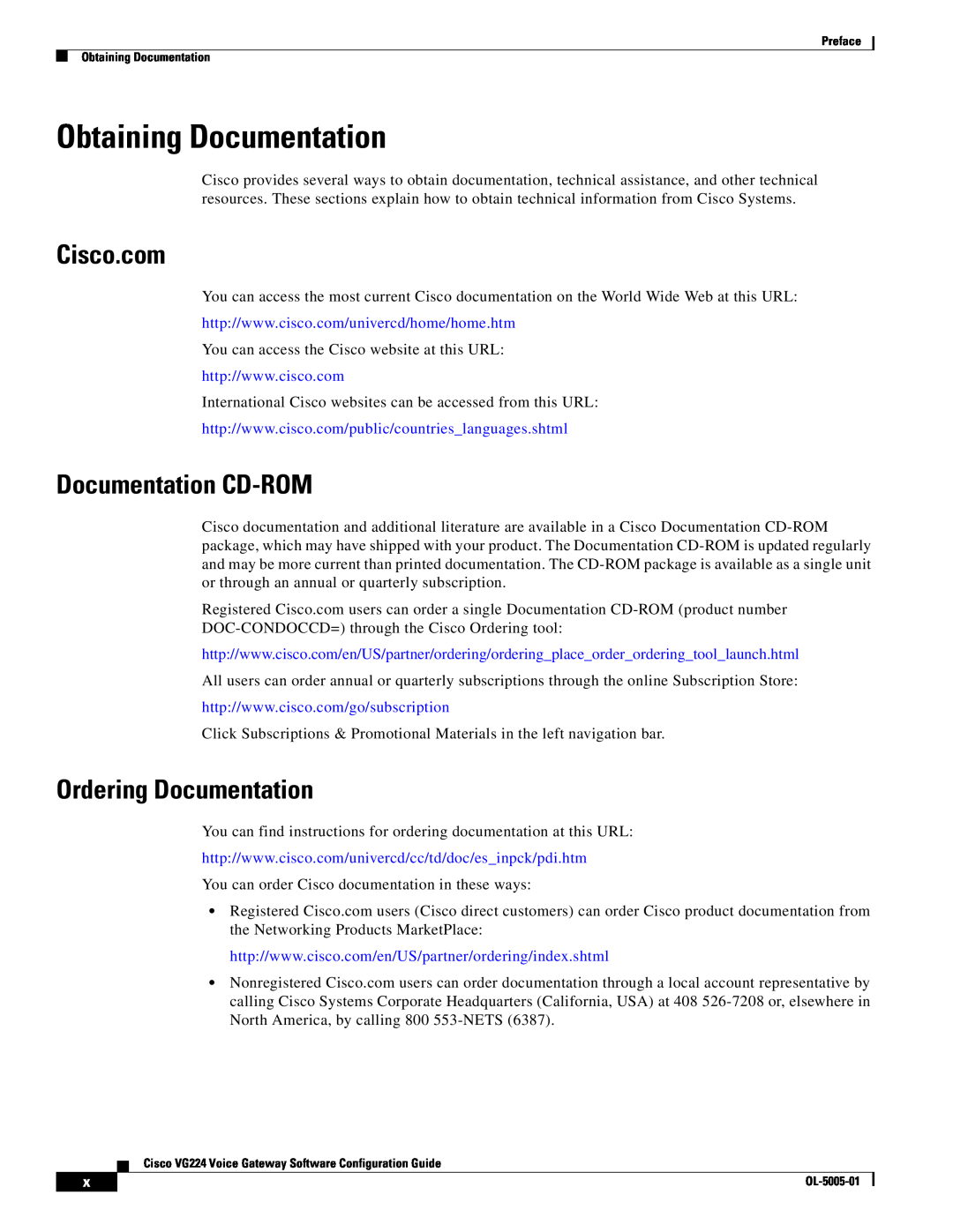 Cisco Systems VG224 manual Obtaining Documentation, Cisco.com, Documentation CD-ROM, Ordering Documentation 