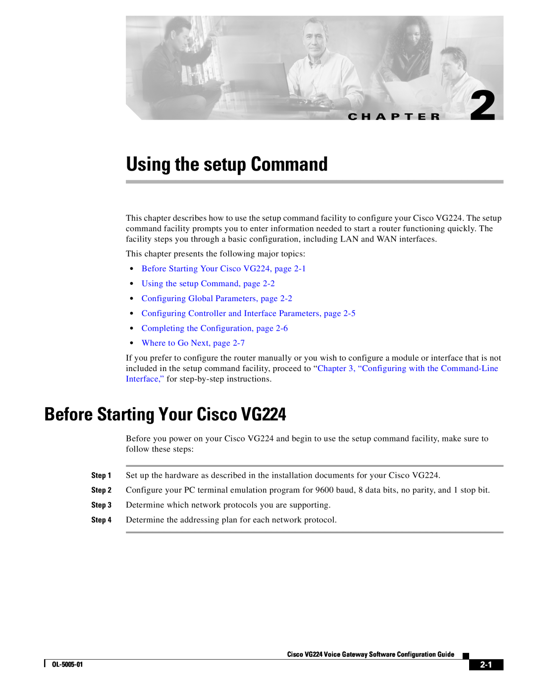 Cisco Systems manual Using the setup Command, Before Starting Your Cisco VG224, Configuring Global Parameters, page 