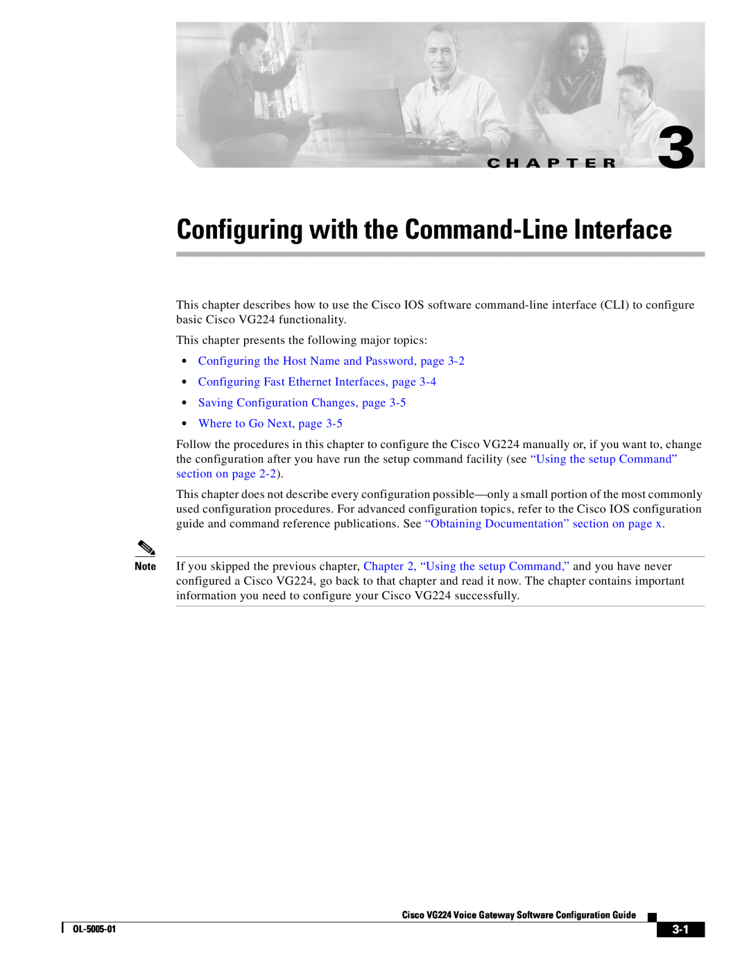Cisco Systems VG224 manual Configuring with the Command-Line Interface, Configuring the Host Name and Password, page 