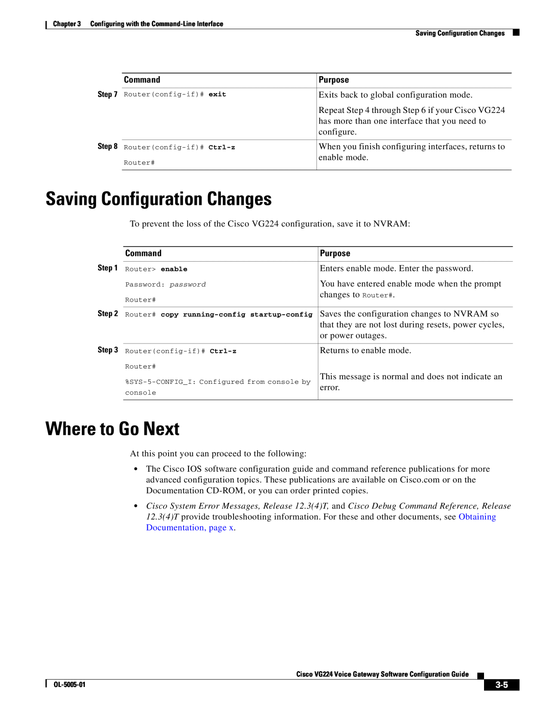 Cisco Systems VG224 manual Saving Configuration Changes, Where to Go Next, Command, Purpose 