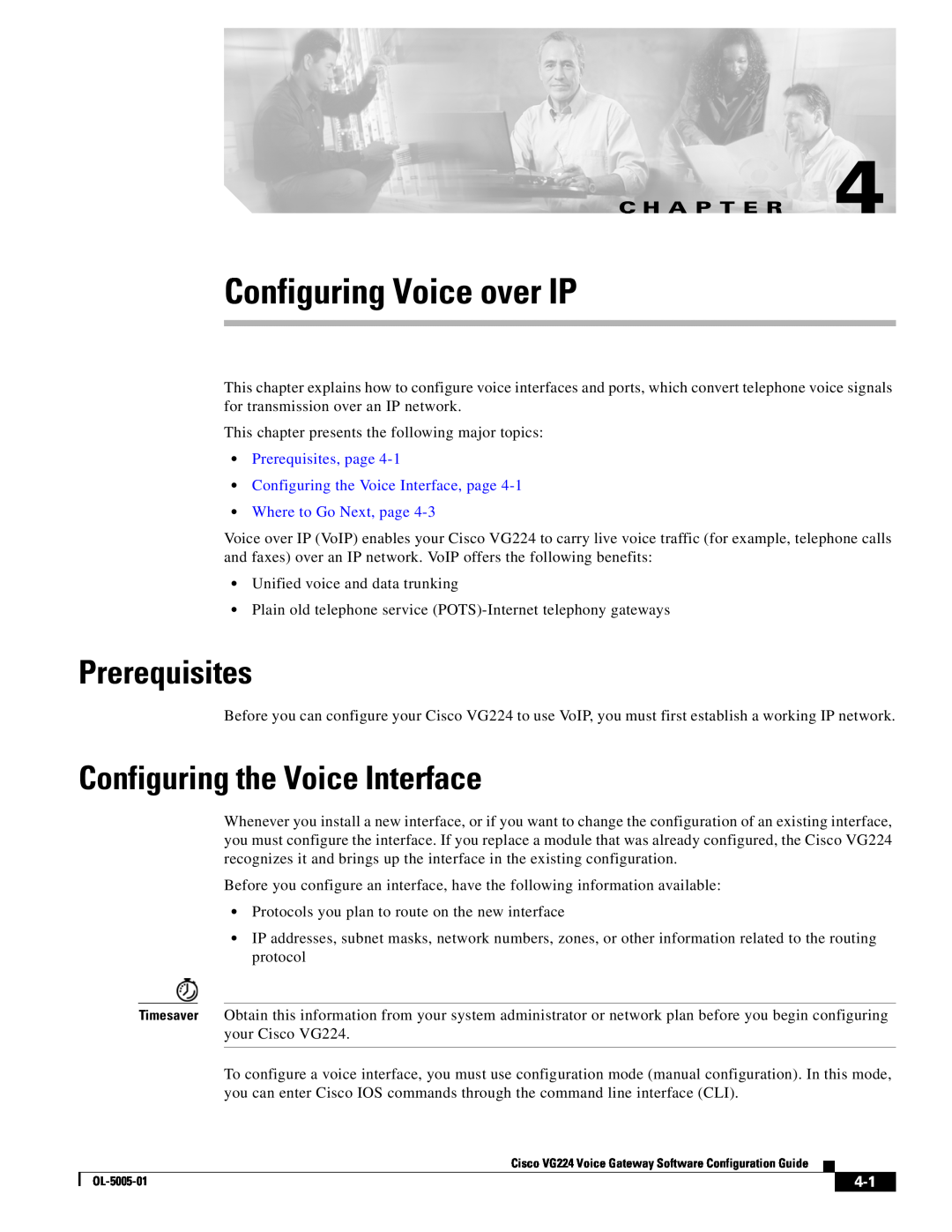 Cisco Systems VG224 manual Configuring Voice over IP, Prerequisites, Configuring the Voice Interface, C H A P T E R 