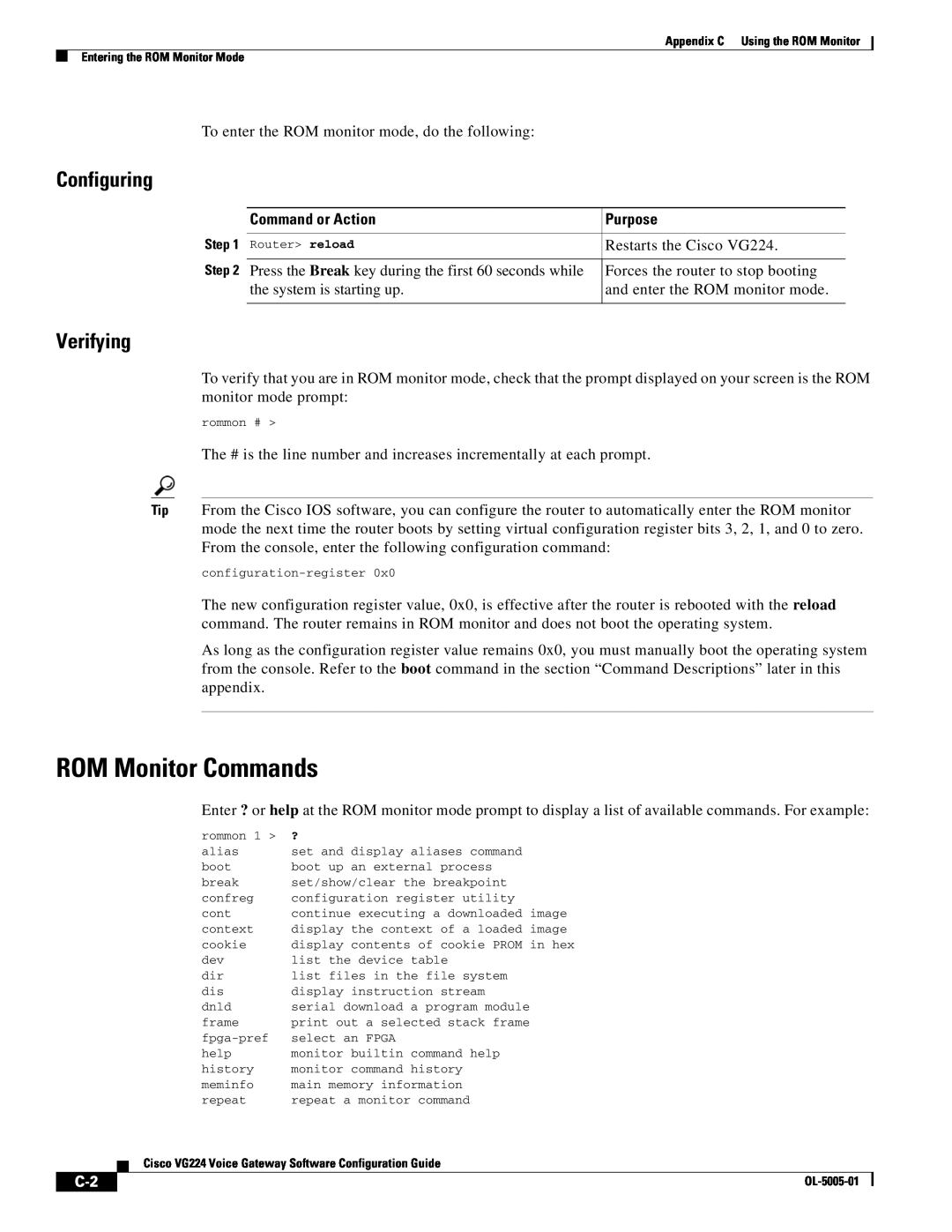 Cisco Systems VG224 manual ROM Monitor Commands, Configuring, Verifying, Command or Action, Purpose 