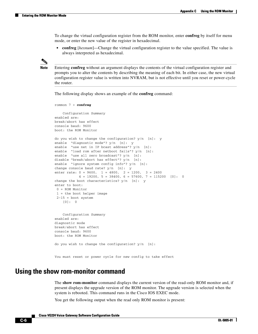 Cisco Systems VG224 manual Using the show rom-monitor command 