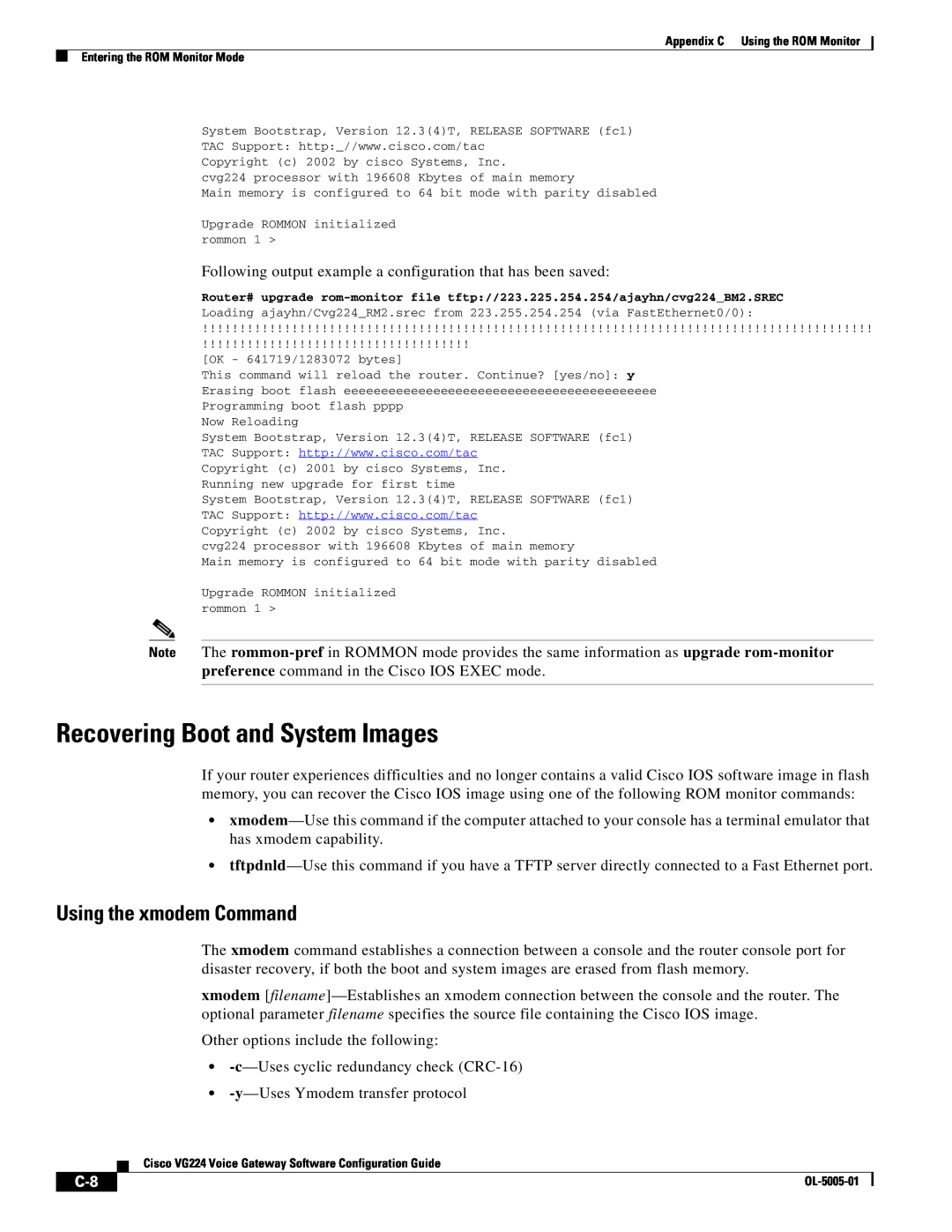 Cisco Systems VG224 manual Recovering Boot and System Images, Using the xmodem Command 