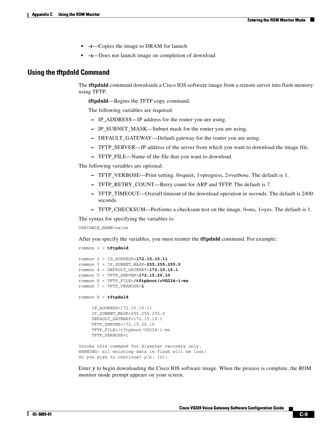 Cisco Systems VG224 manual Using the tftpdnld Command 