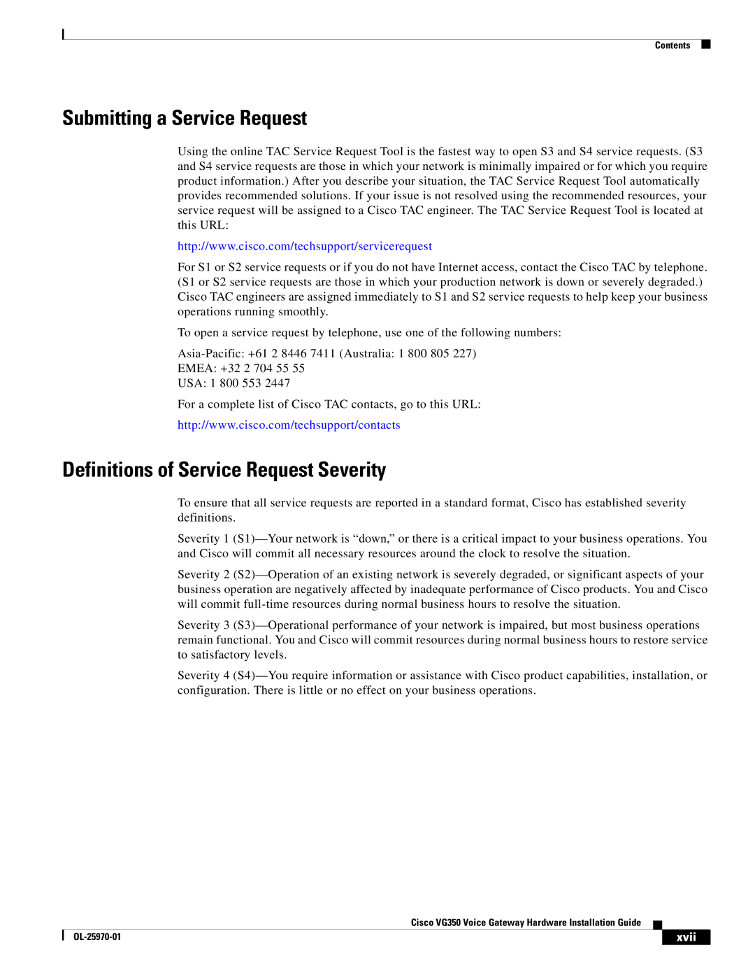 Cisco Systems VG350, SMD48FXSE specifications Submitting a Service Request, Definitions of Service Request Severity 