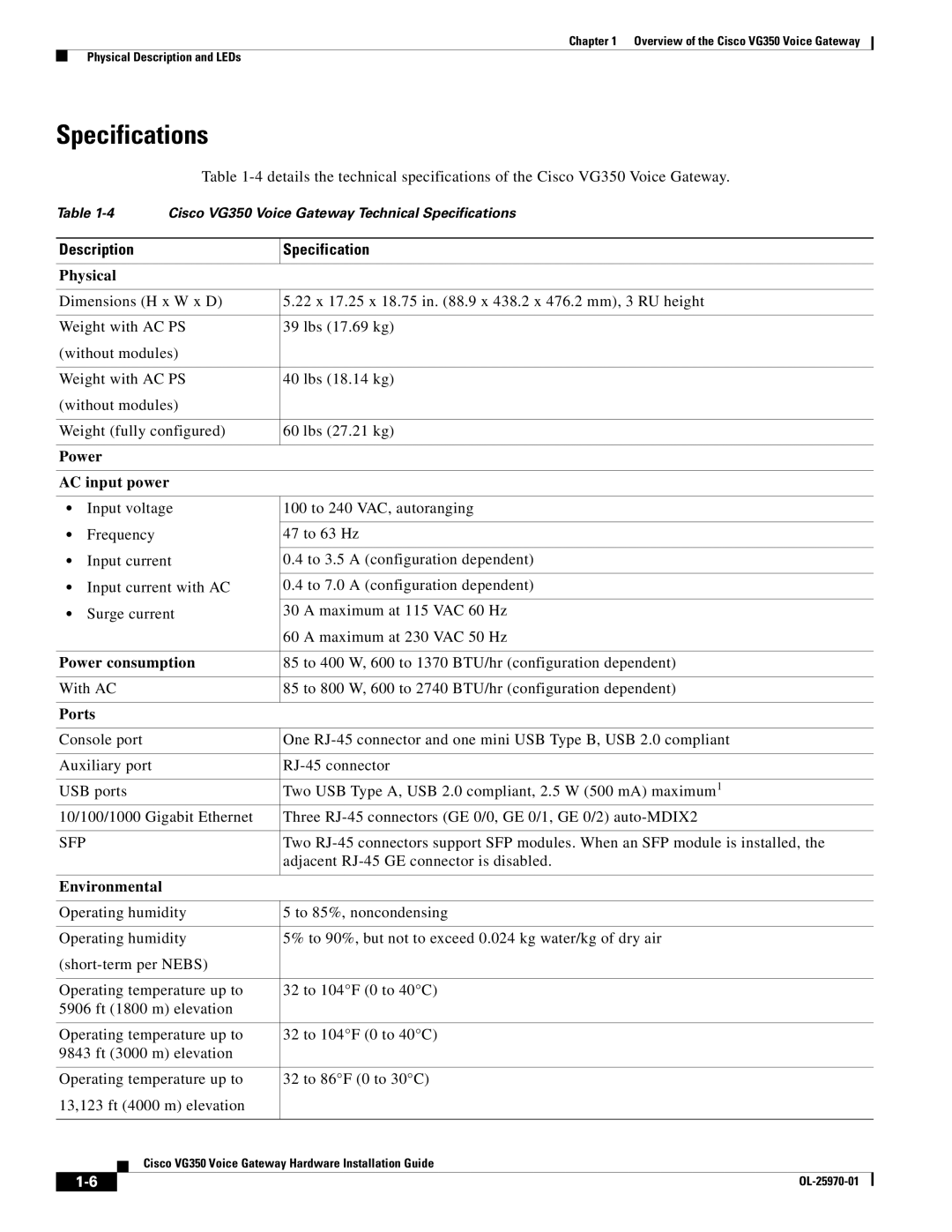 Cisco Systems SMD48FXSE, VG350 specifications Specifications, Description Specification, Sfp 