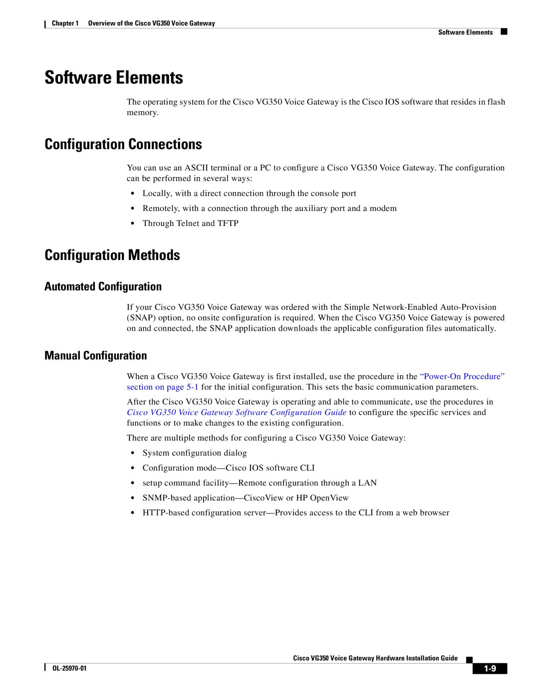 Cisco Systems VG350, SMD48FXSE specifications Software Elements, Configuration Connections, Configuration Methods 