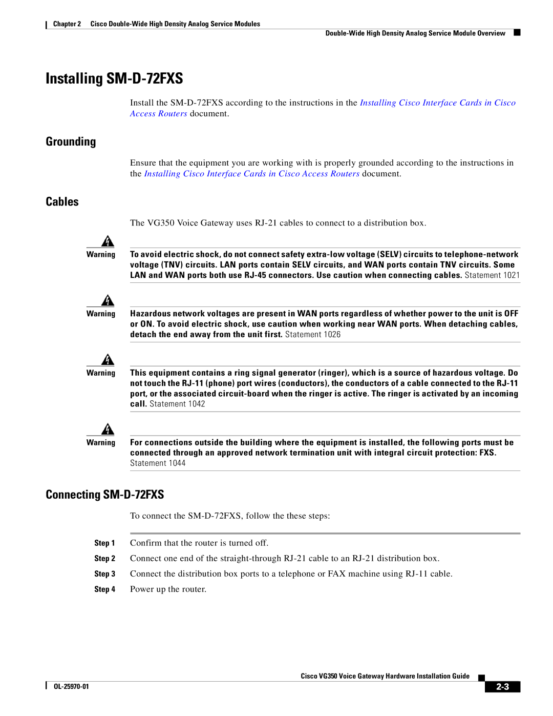 Cisco Systems VG350, SMD48FXSE specifications Installing SM-D-72FXS, Grounding 