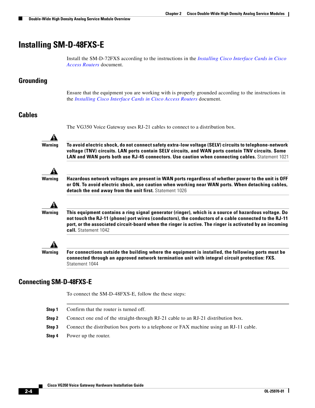 Cisco Systems SMD48FXSE, VG350 specifications Installing SM-D-48FXS-E, Connecting SM-D-48FXS-E 