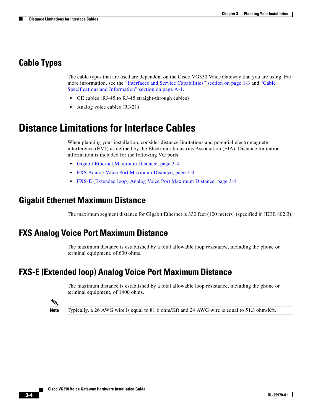 Cisco Systems SMD48FXSE, VG350 Distance Limitations for Interface Cables, Cable Types, Gigabit Ethernet Maximum Distance 