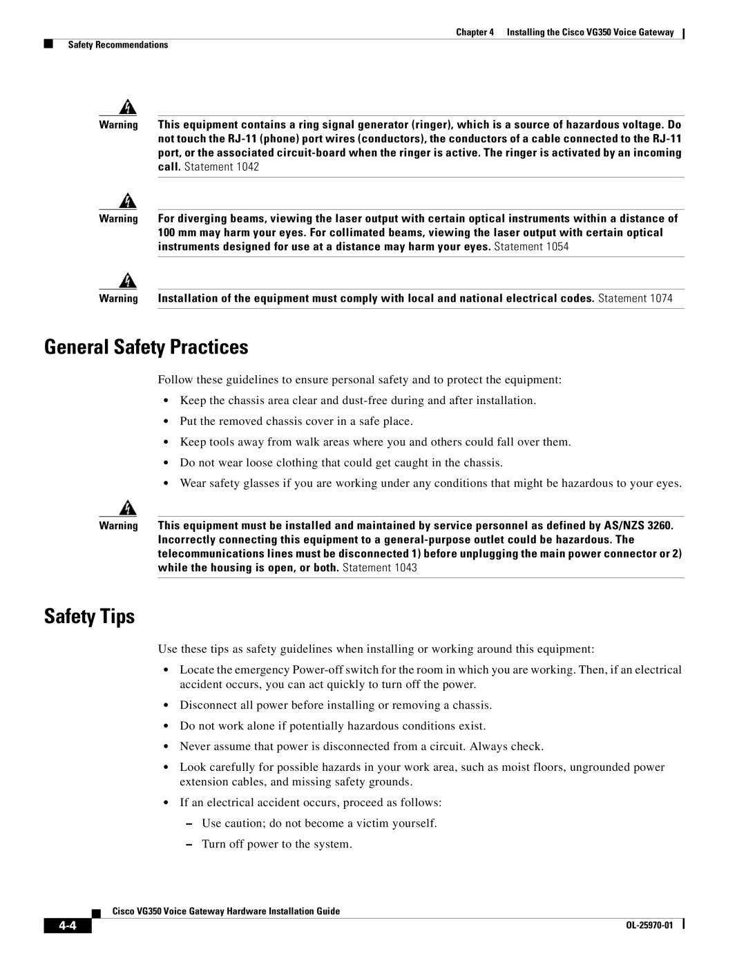 Cisco Systems SMD48FXSE, VG350 specifications General Safety Practices, Safety Tips 