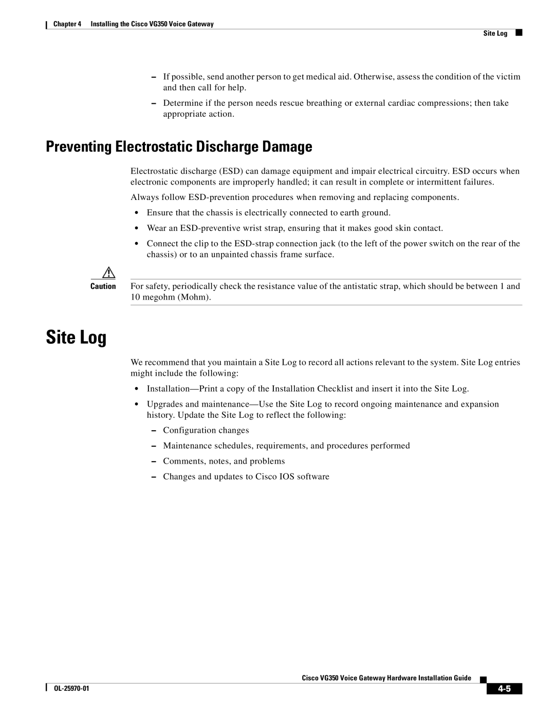 Cisco Systems VG350, SMD48FXSE specifications Site Log, Preventing Electrostatic Discharge Damage 