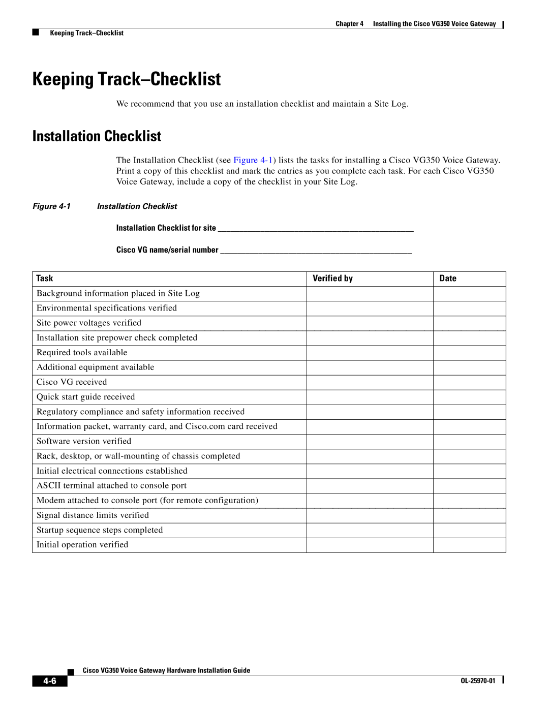 Cisco Systems SMD48FXSE, VG350 specifications Keeping Track-Checklist, Installation Checklist, Task Verified by Date 