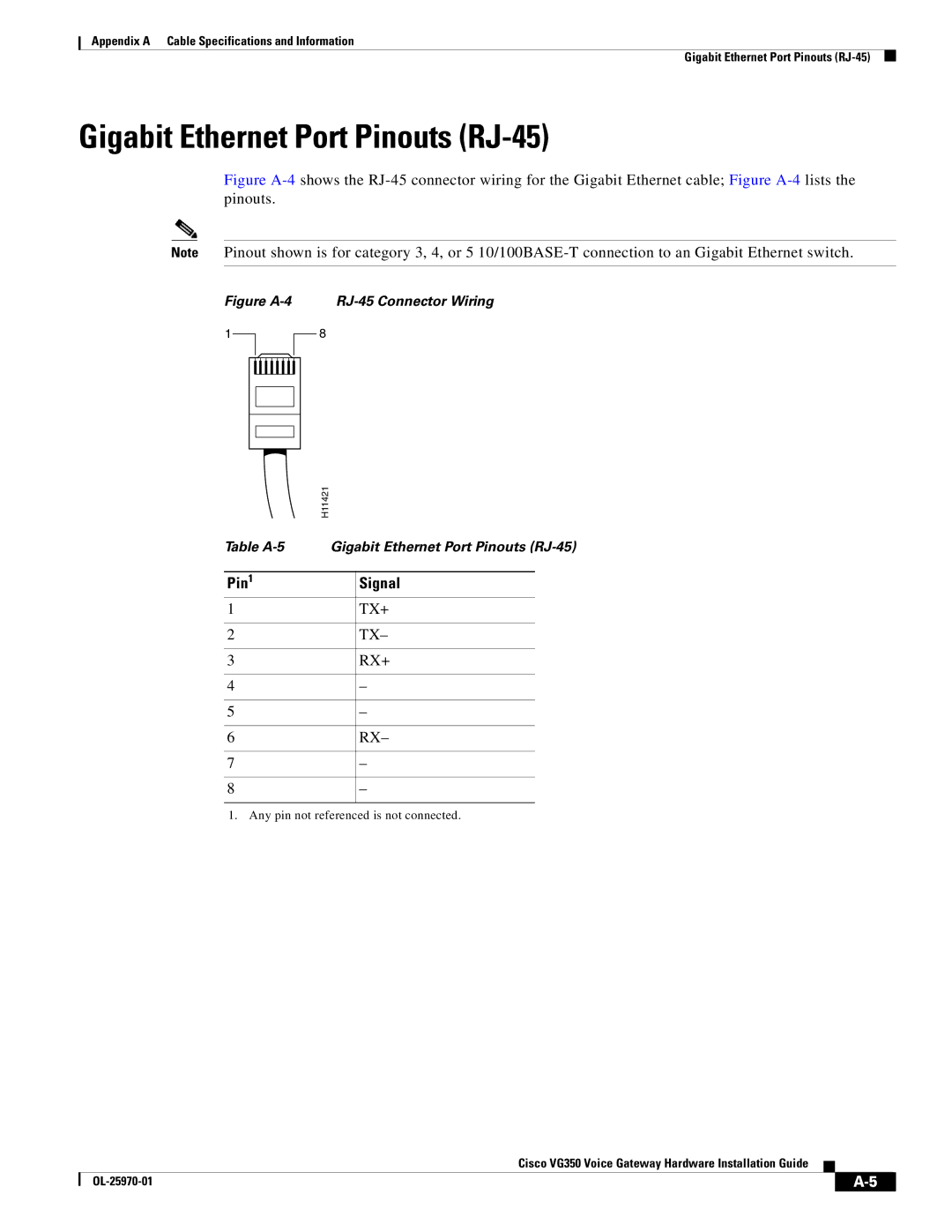 Cisco Systems VG350, SMD48FXSE specifications Gigabit Ethernet Port Pinouts RJ-45, Pin Signal, Tx+, Rx+ 