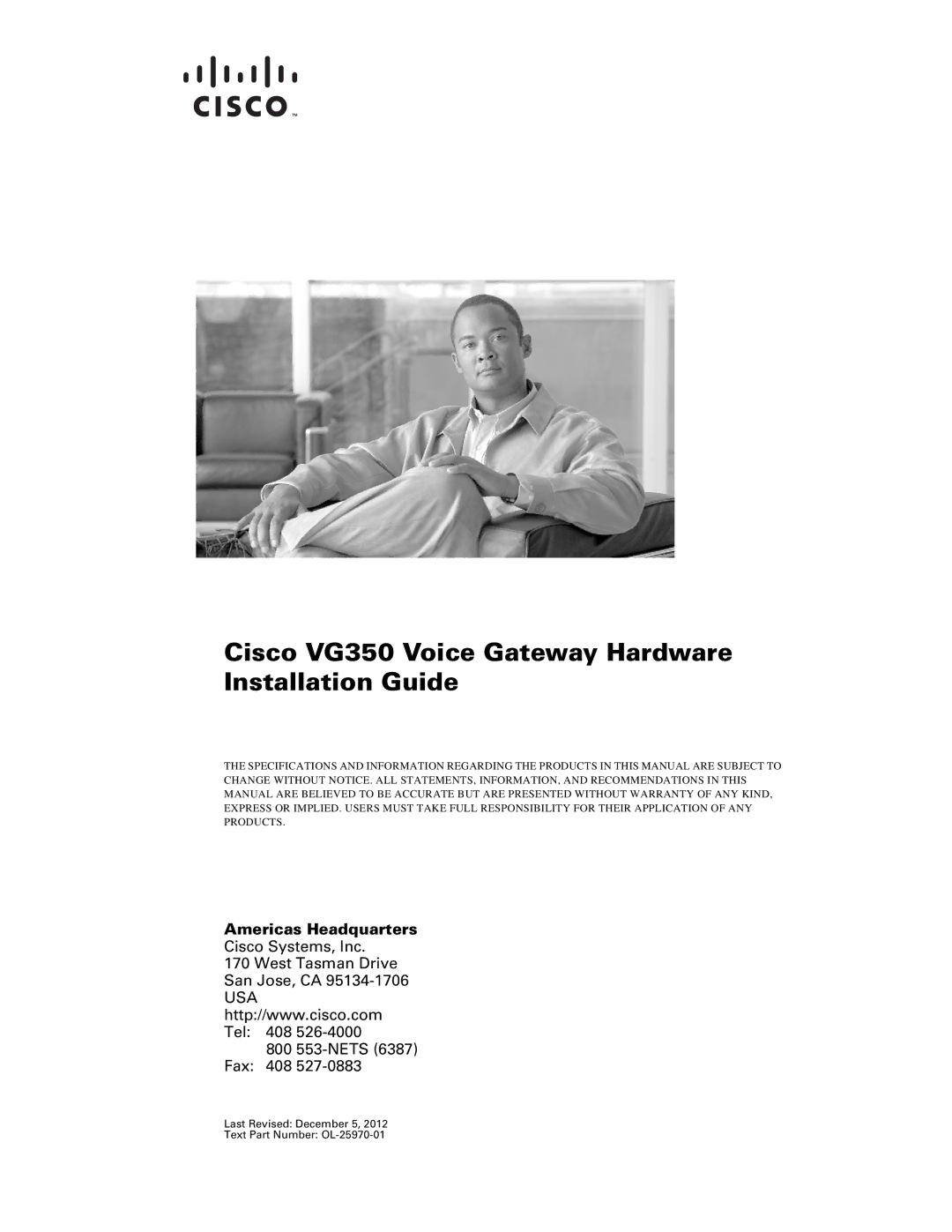 Cisco Systems specifications Cisco VG350 Voice Gateway Hardware Installation Guide, Americas Headquarters 