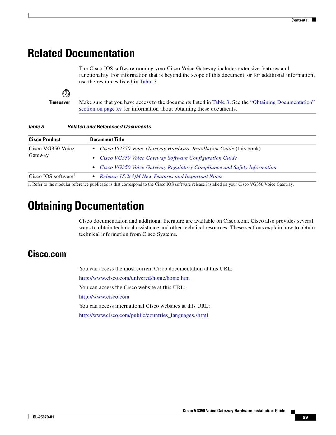 Cisco Systems VG350 specifications Related Documentation, Obtaining Documentation, Cisco.com 