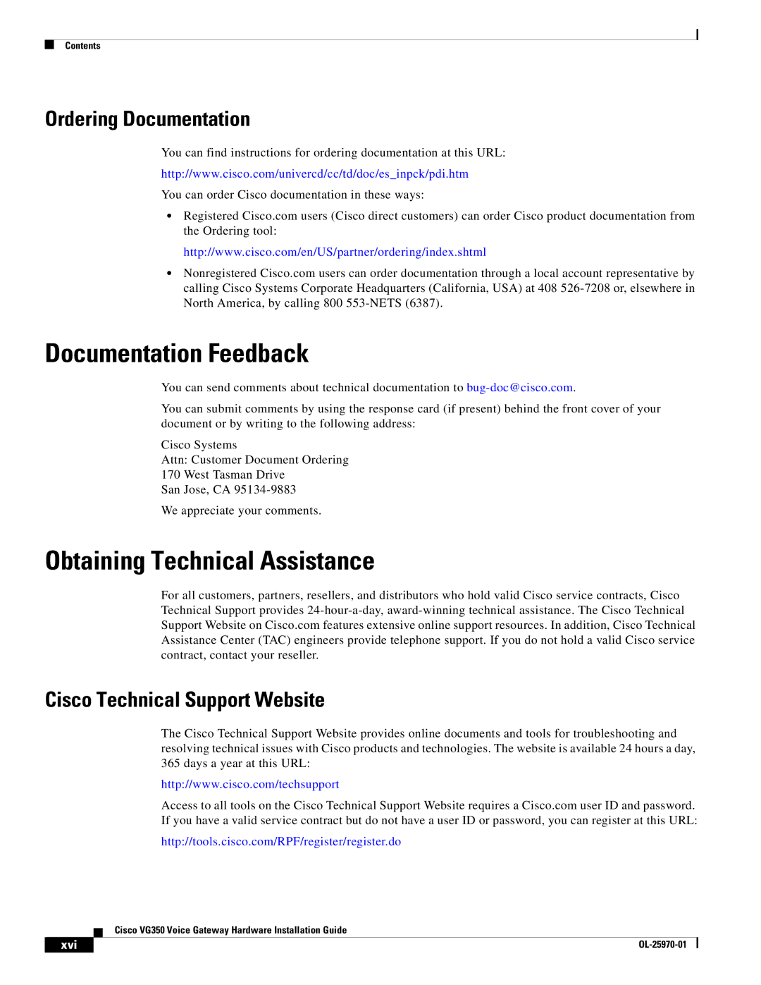 Cisco Systems VG350 specifications Documentation Feedback, Obtaining Technical Assistance, Ordering Documentation 