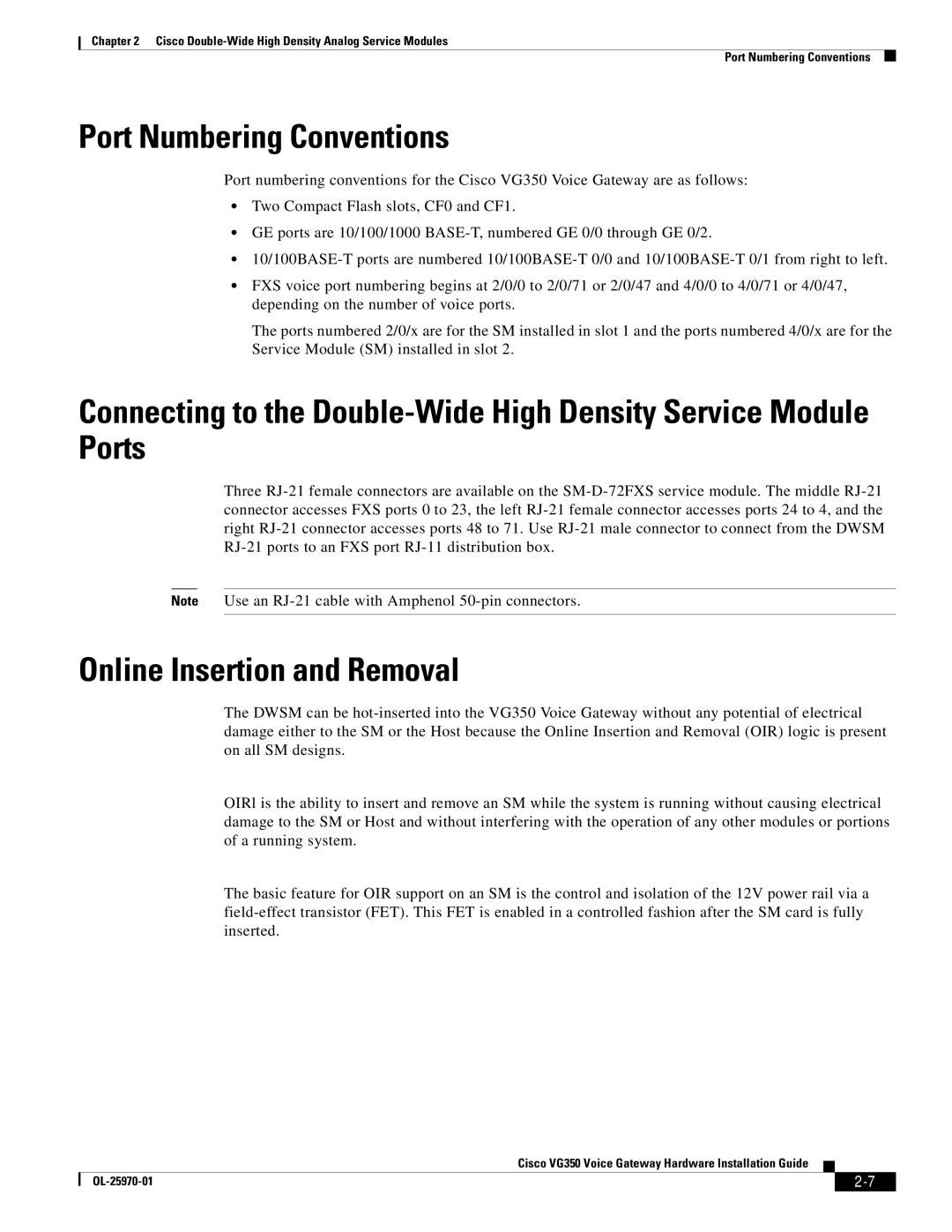 Cisco Systems VG350 specifications Port Numbering Conventions, Online Insertion and Removal 