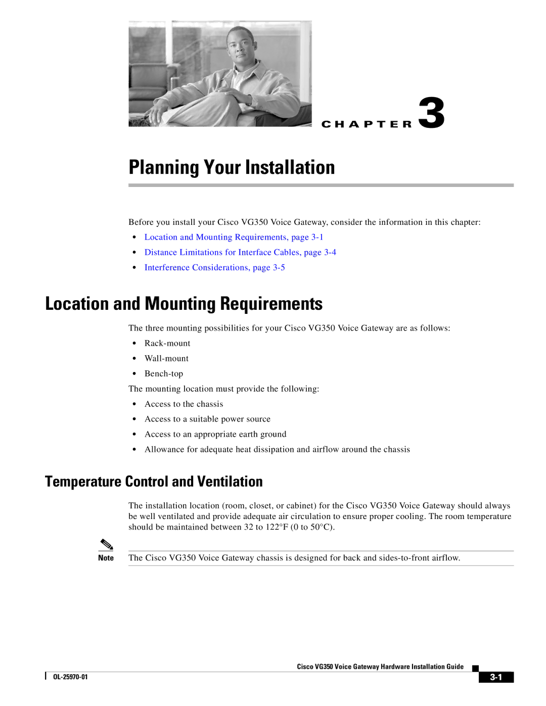 Cisco Systems VG350 specifications Location and Mounting Requirements, Temperature Control and Ventilation 