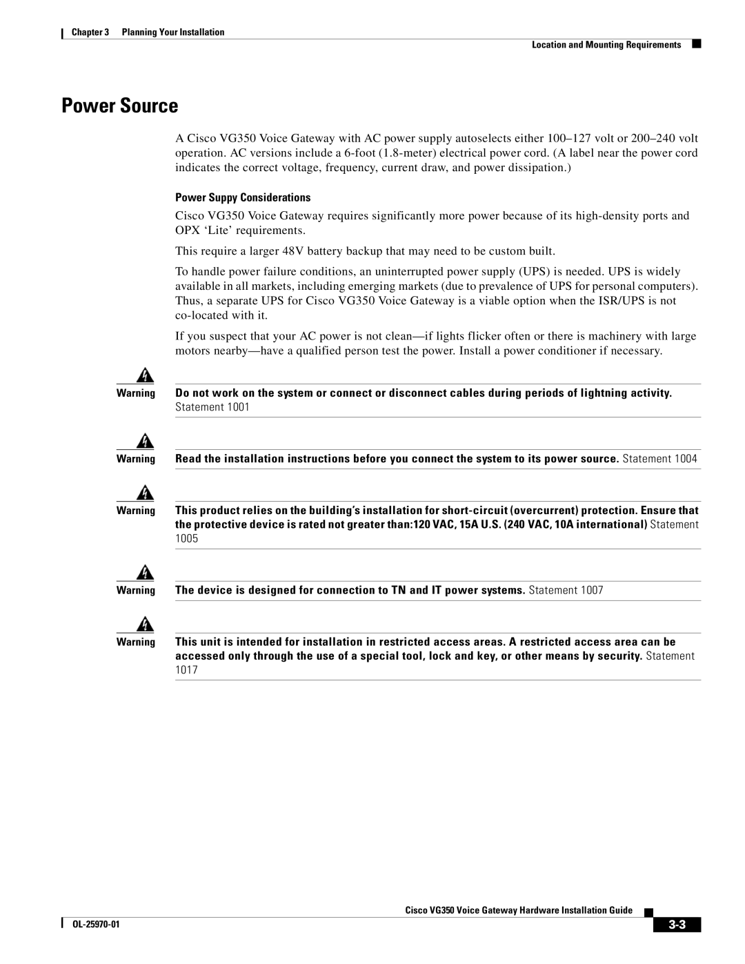 Cisco Systems VG350 specifications Power Source, Power Suppy Considerations 