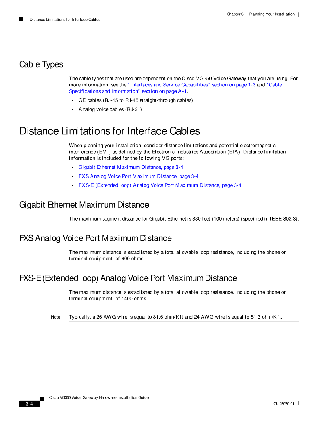 Cisco Systems VG350 Distance Limitations for Interface Cables, Cable Types, Gigabit Ethernet Maximum Distance 