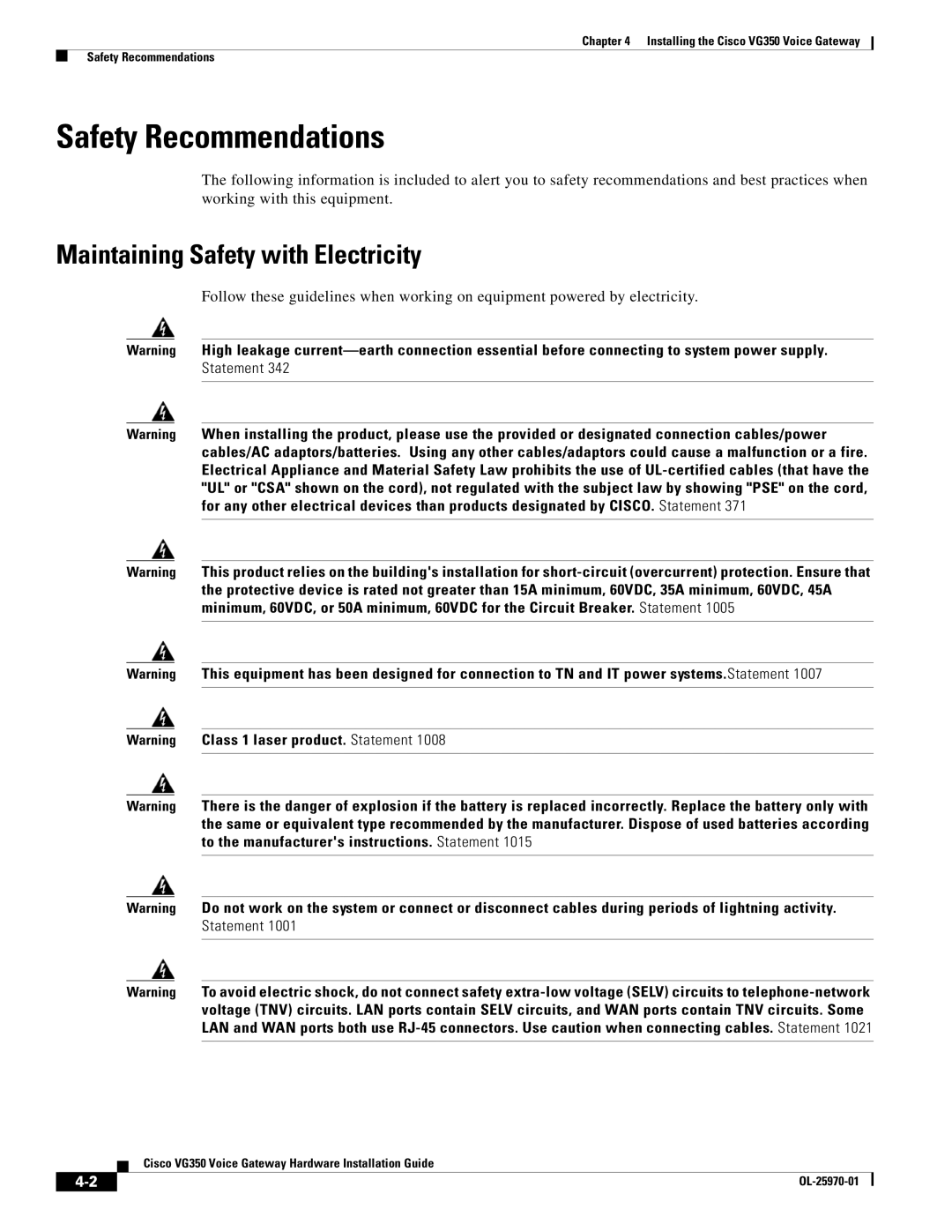 Cisco Systems VG350 specifications Safety Recommendations, Maintaining Safety with Electricity 