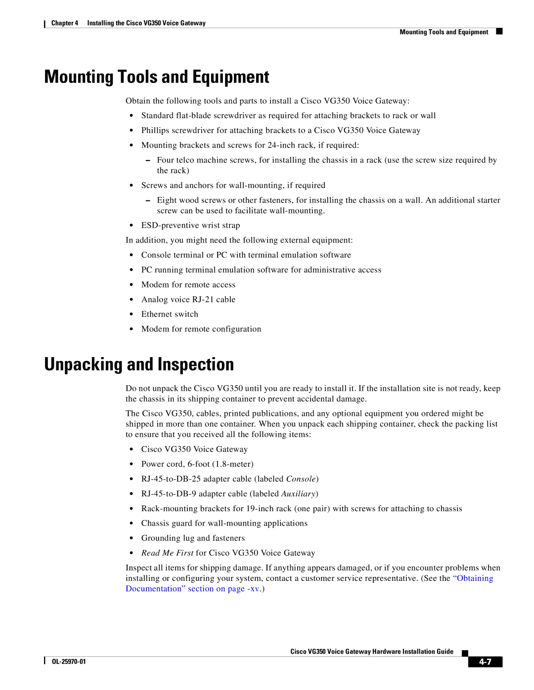 Cisco Systems VG350 specifications Mounting Tools and Equipment, Unpacking and Inspection 