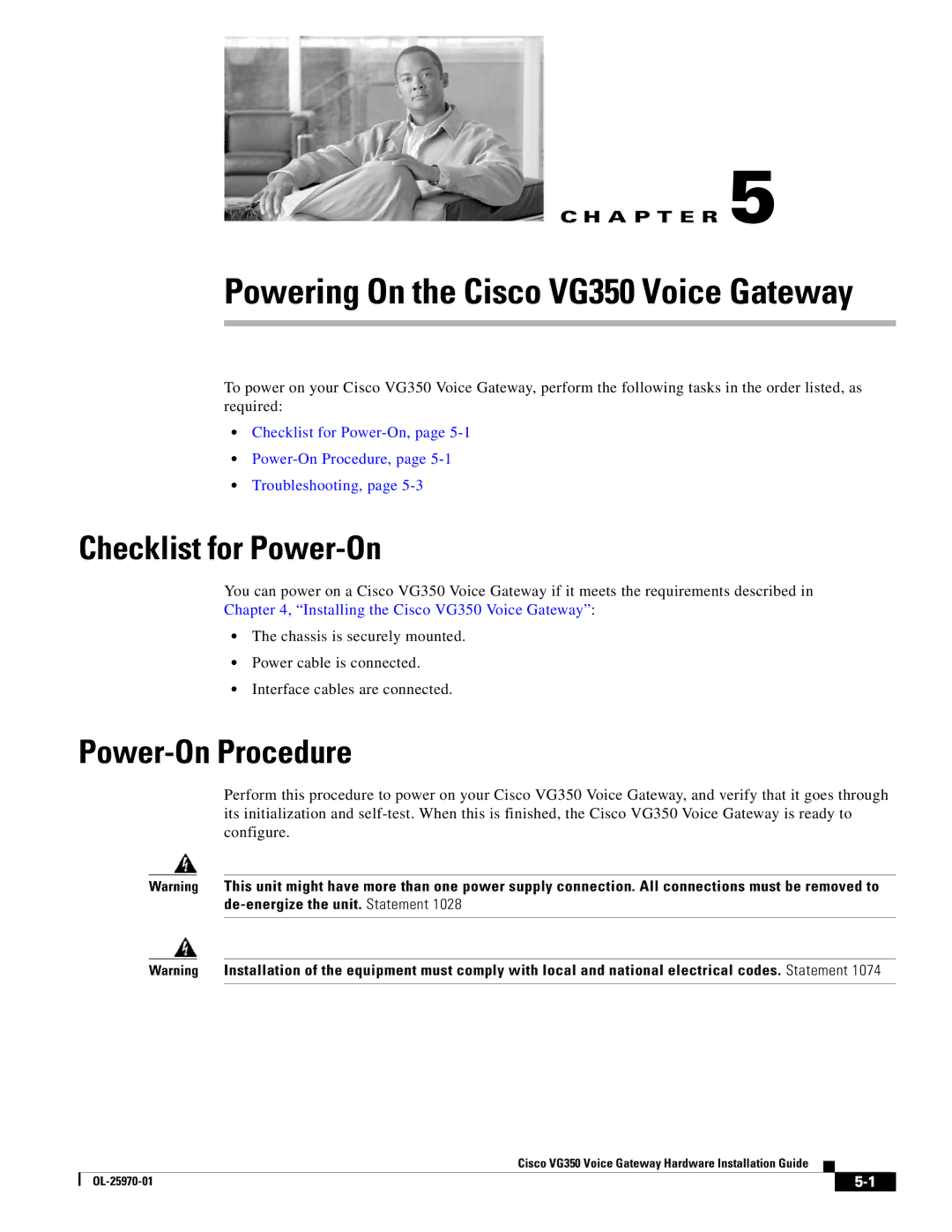 Cisco Systems specifications Powering On the Cisco VG350 Voice Gateway, Checklist for Power-On, Power-On Procedure 