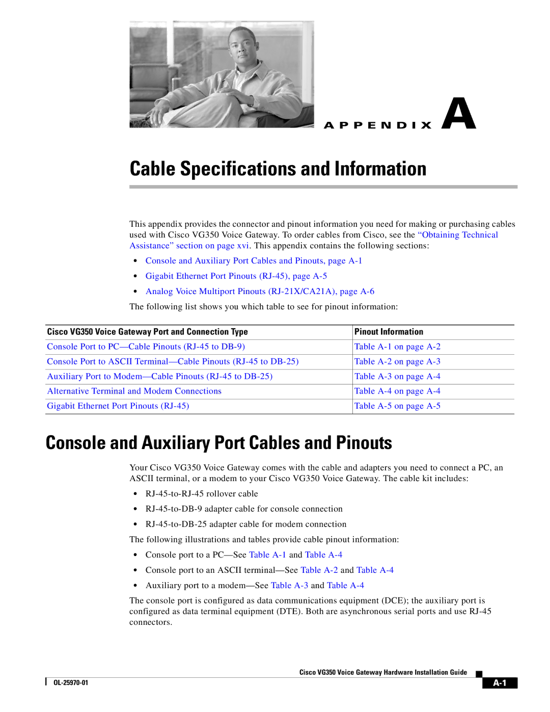 Cisco Systems VG350 specifications Cable Specifications and Information, Console and Auxiliary Port Cables and Pinouts 