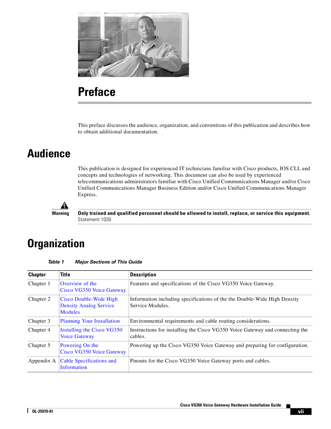 Cisco Systems VG350 specifications Audience, Organization, Chapter Title Description 