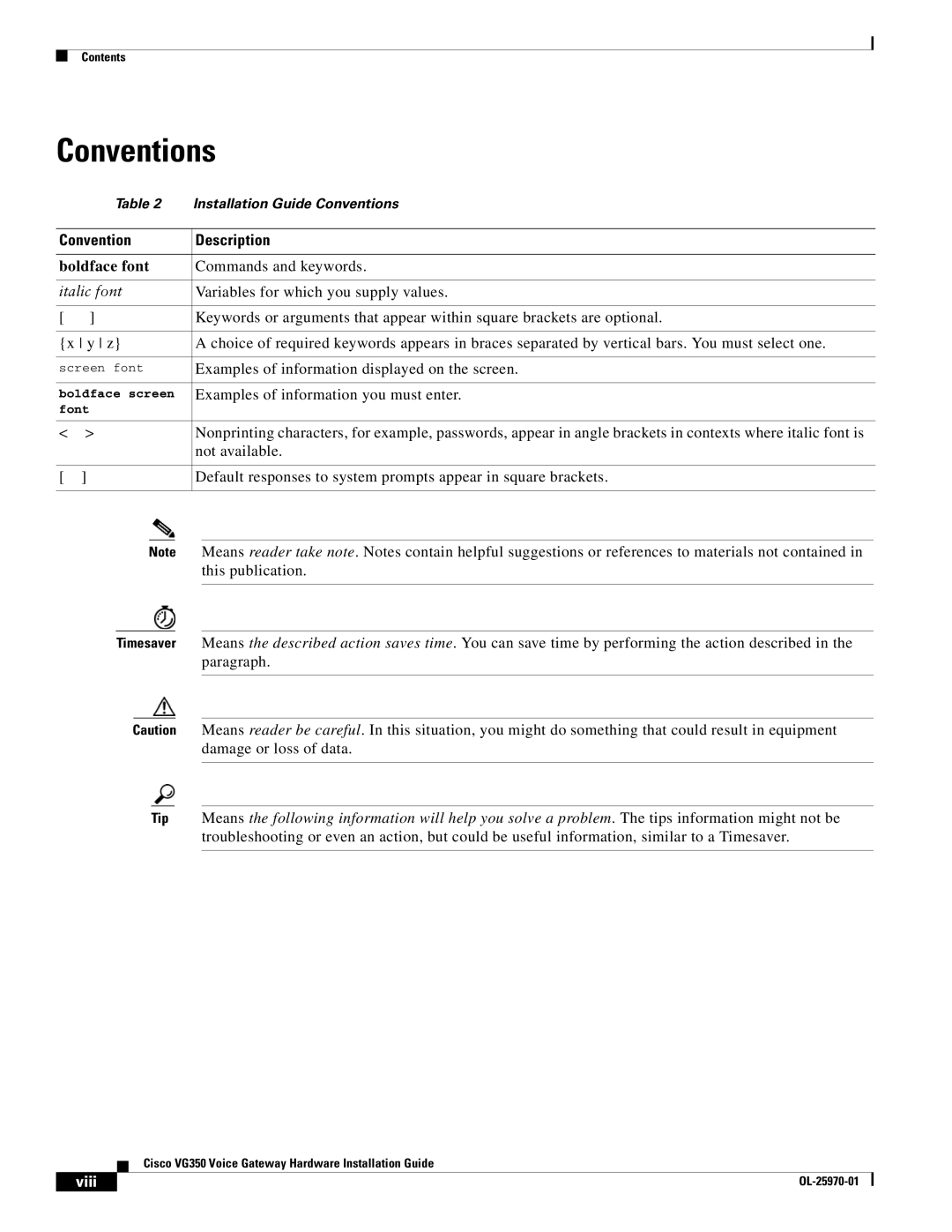 Cisco Systems VG350 specifications Conventions, Convention Description 