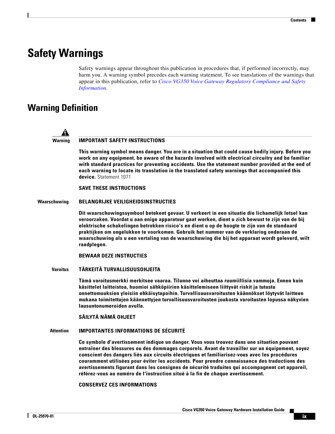 Cisco Systems VG350 Safety Warnings, Bewaar Deze Instructies, Säilytä Nämä Ohjeet, Conservez CES Informations 