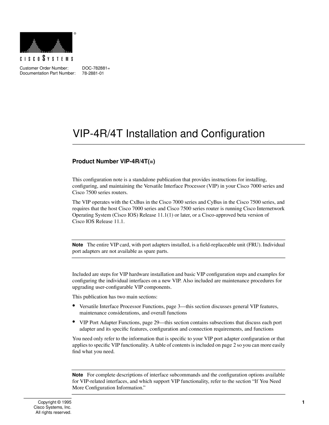 Cisco Systems manual VIP-4R/4T Installation and Conﬁguration, Product Number VIP-4R/4T= 