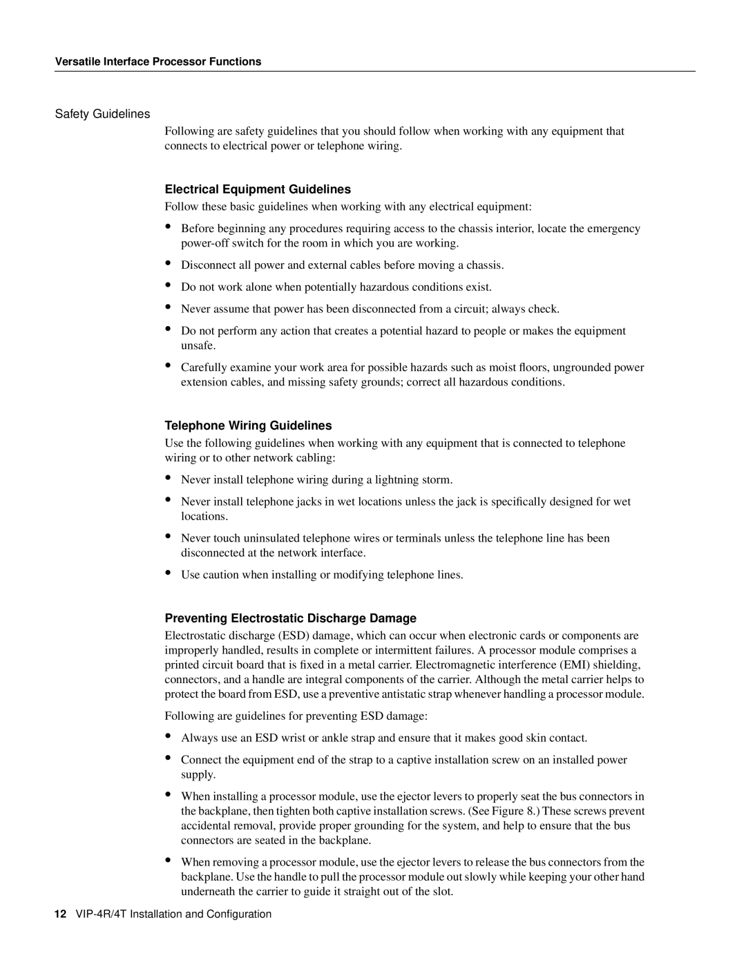 Cisco Systems VIP-4R/4T manual Safety Guidelines, Electrical Equipment Guidelines, Telephone Wiring Guidelines 