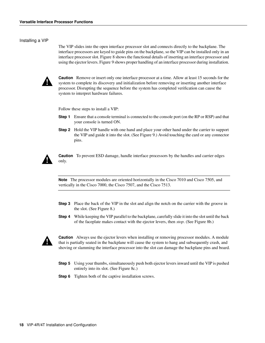 Cisco Systems VIP-4R/4T manual Installing a VIP 