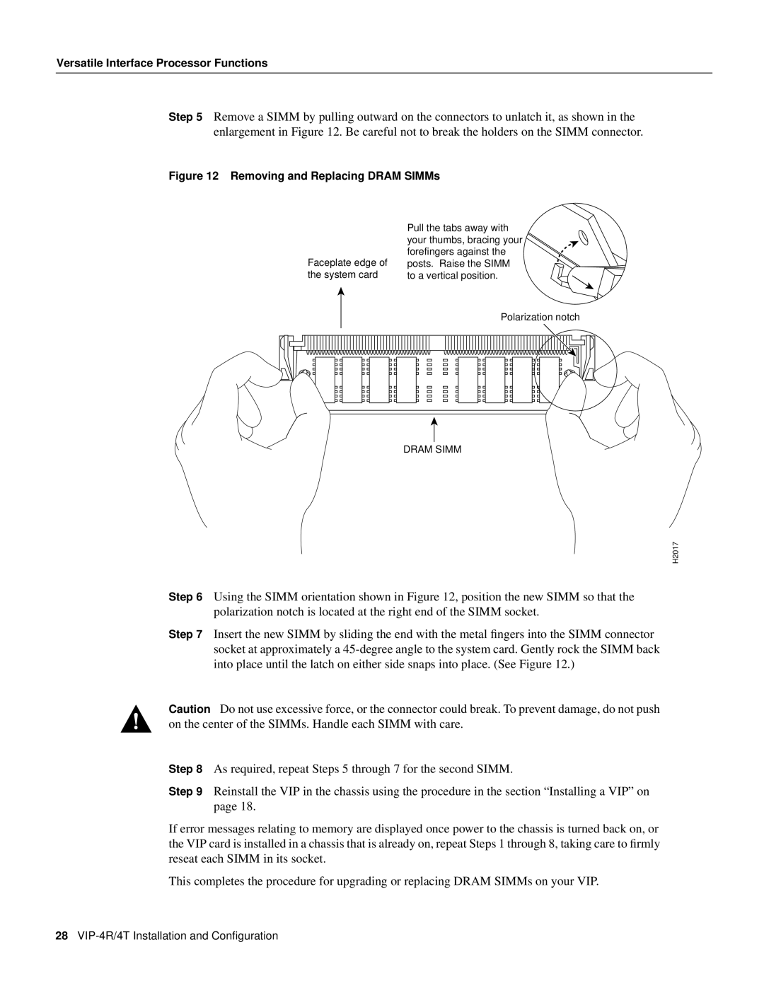 Cisco Systems VIP-4R/4T manual Removing and Replacing Dram SIMMs 