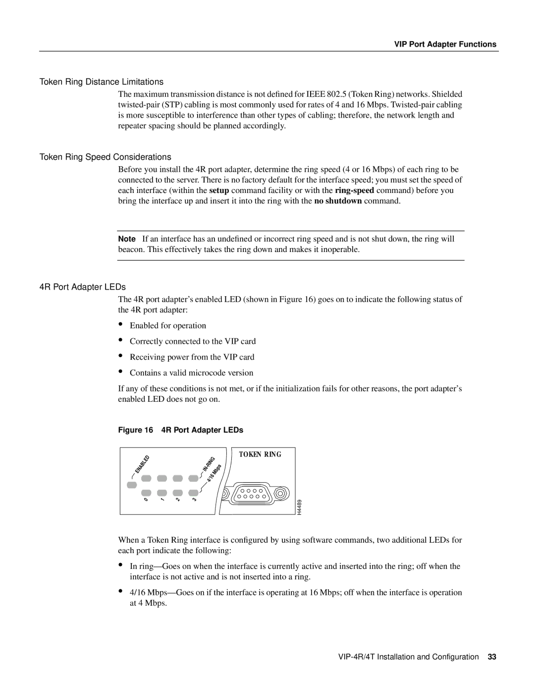 Cisco Systems VIP-4R/4T manual Token Ring Distance Limitations, Token Ring Speed Considerations, 4R Port Adapter LEDs 