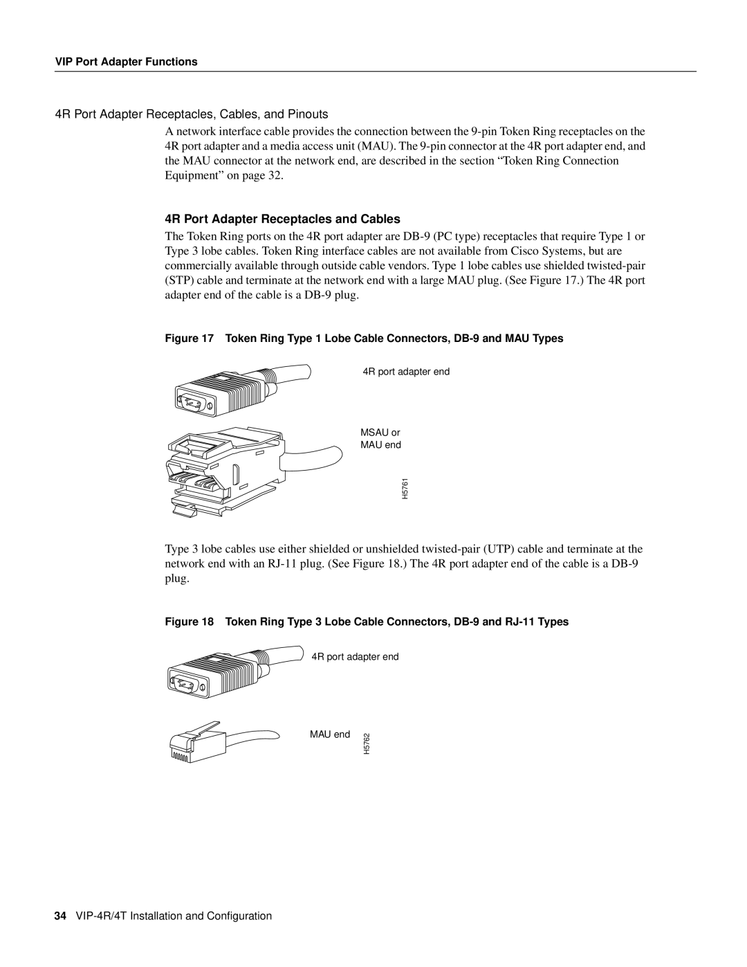 Cisco Systems VIP-4R/4T manual 4R Port Adapter Receptacles, Cables, and Pinouts, 4R Port Adapter Receptacles and Cables 