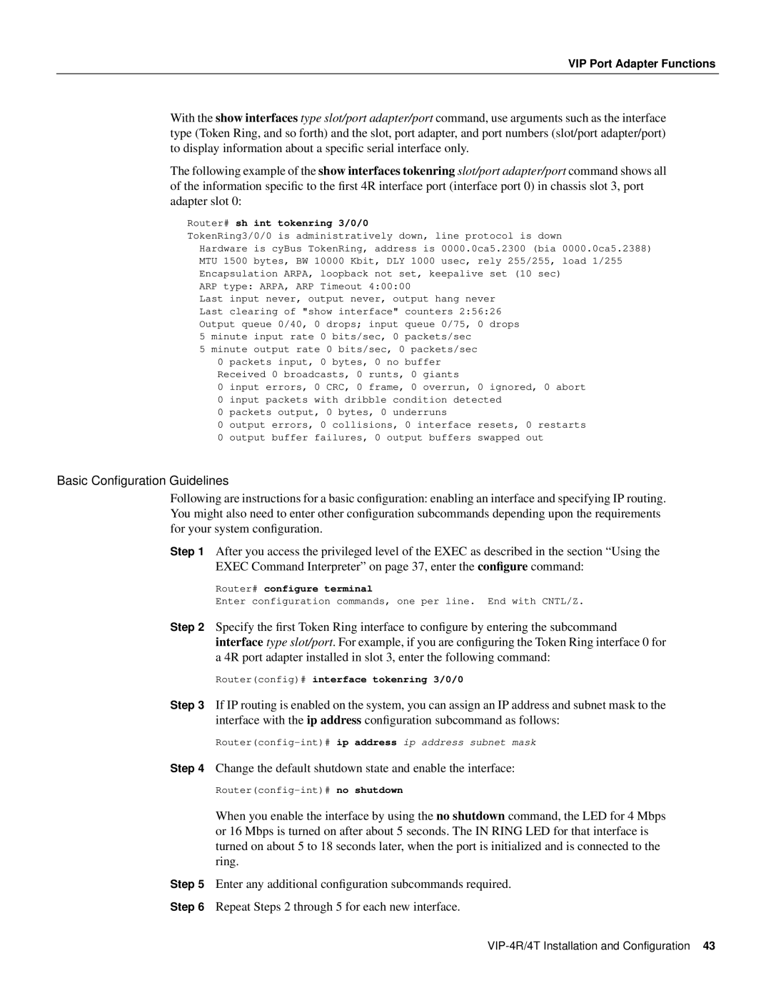 Cisco Systems VIP-4R/4T manual Basic Conﬁguration Guidelines, ARP type ARPA, ARP Timeout 