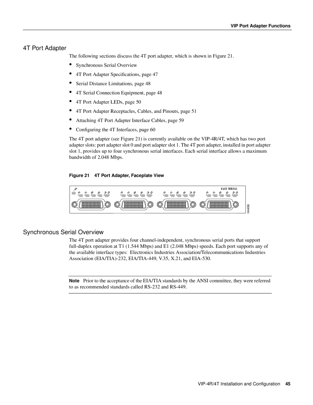 Cisco Systems VIP-4R/4T manual 4T Port Adapter, Synchronous Serial Overview 