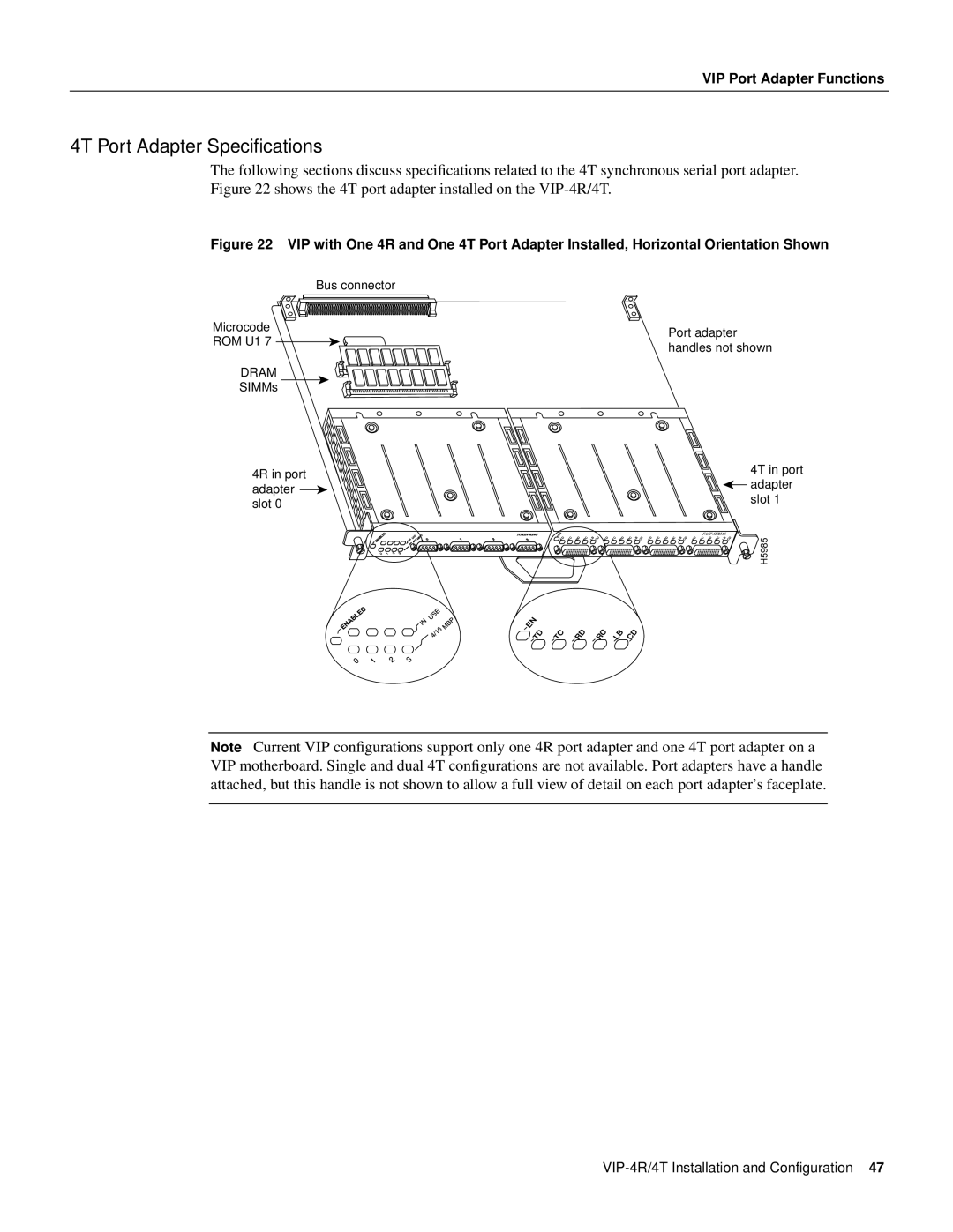 Cisco Systems manual 4T Port Adapter Speciﬁcations, Shows the 4T port adapter installed on the VIP-4R/4T 