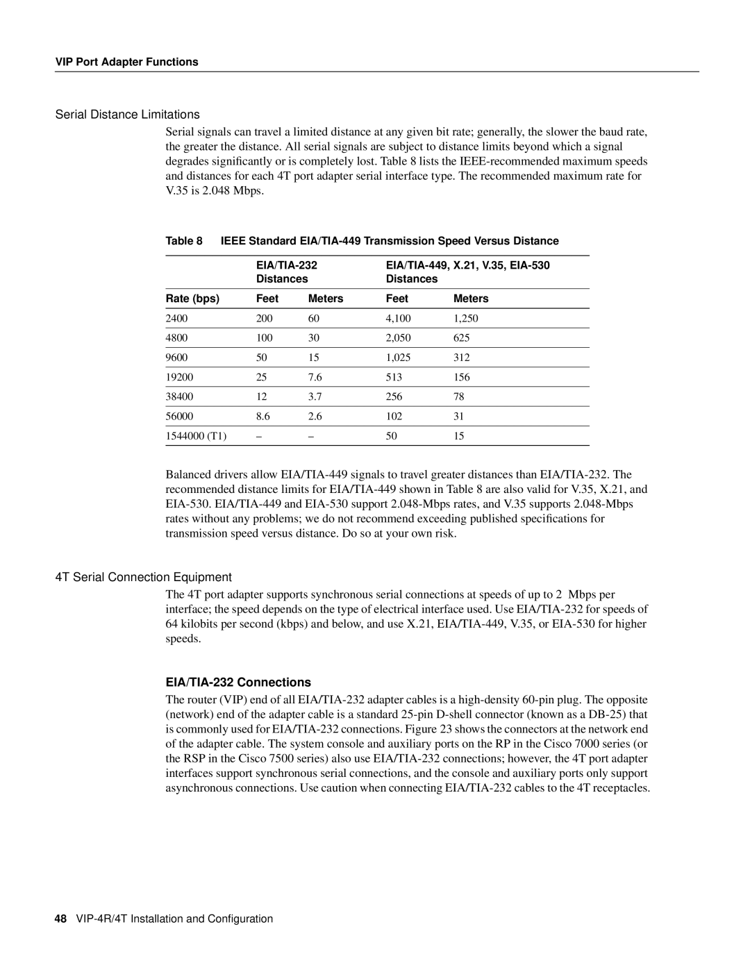 Cisco Systems VIP-4R/4T manual Serial Distance Limitations, 4T Serial Connection Equipment, EIA/TIA-232 Connections 